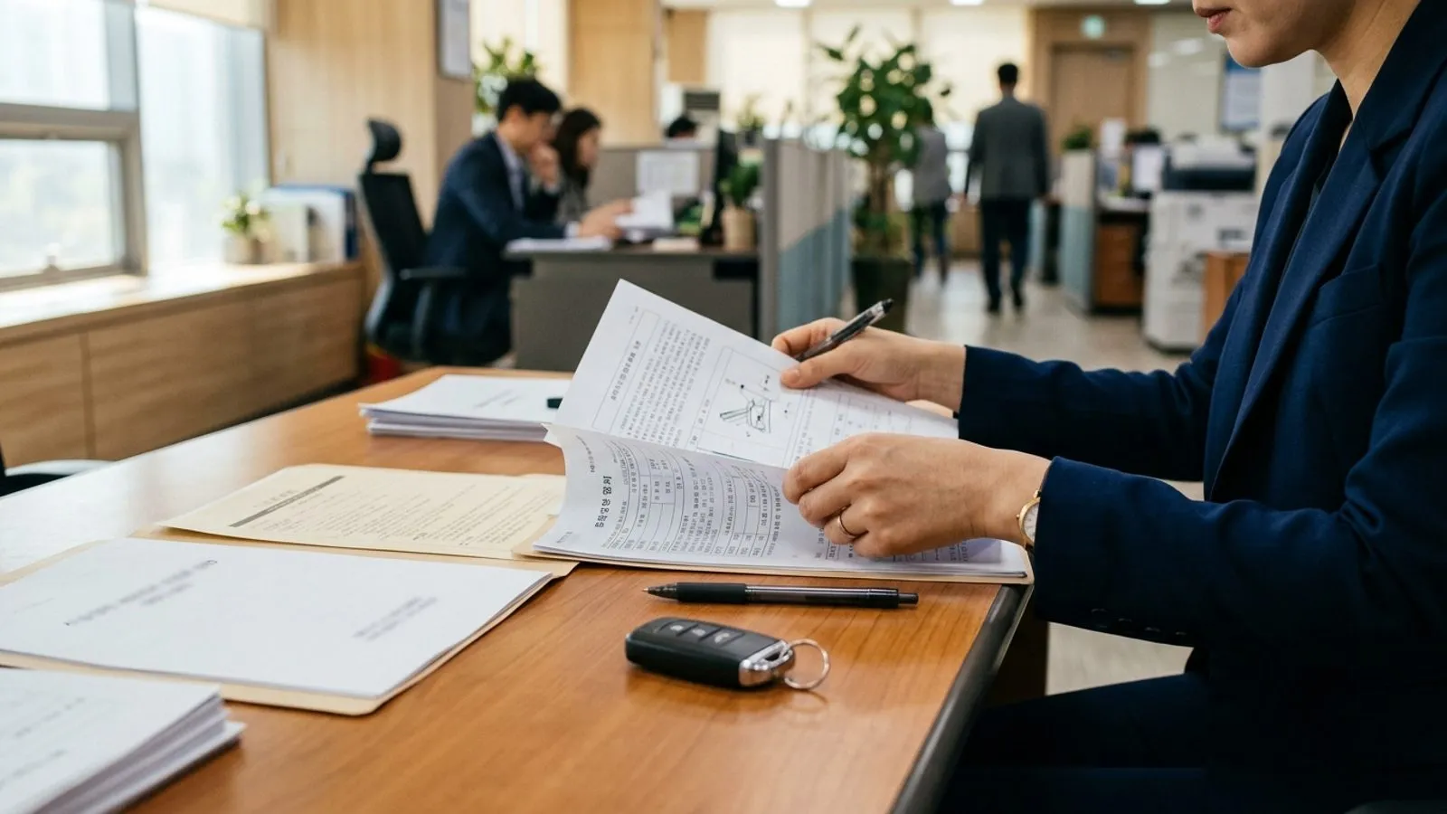 사무실 책상 위에서 자동차 스마트키와 보험 합의 및 구상권 관련 서류철을 검토하고 있는 모습.