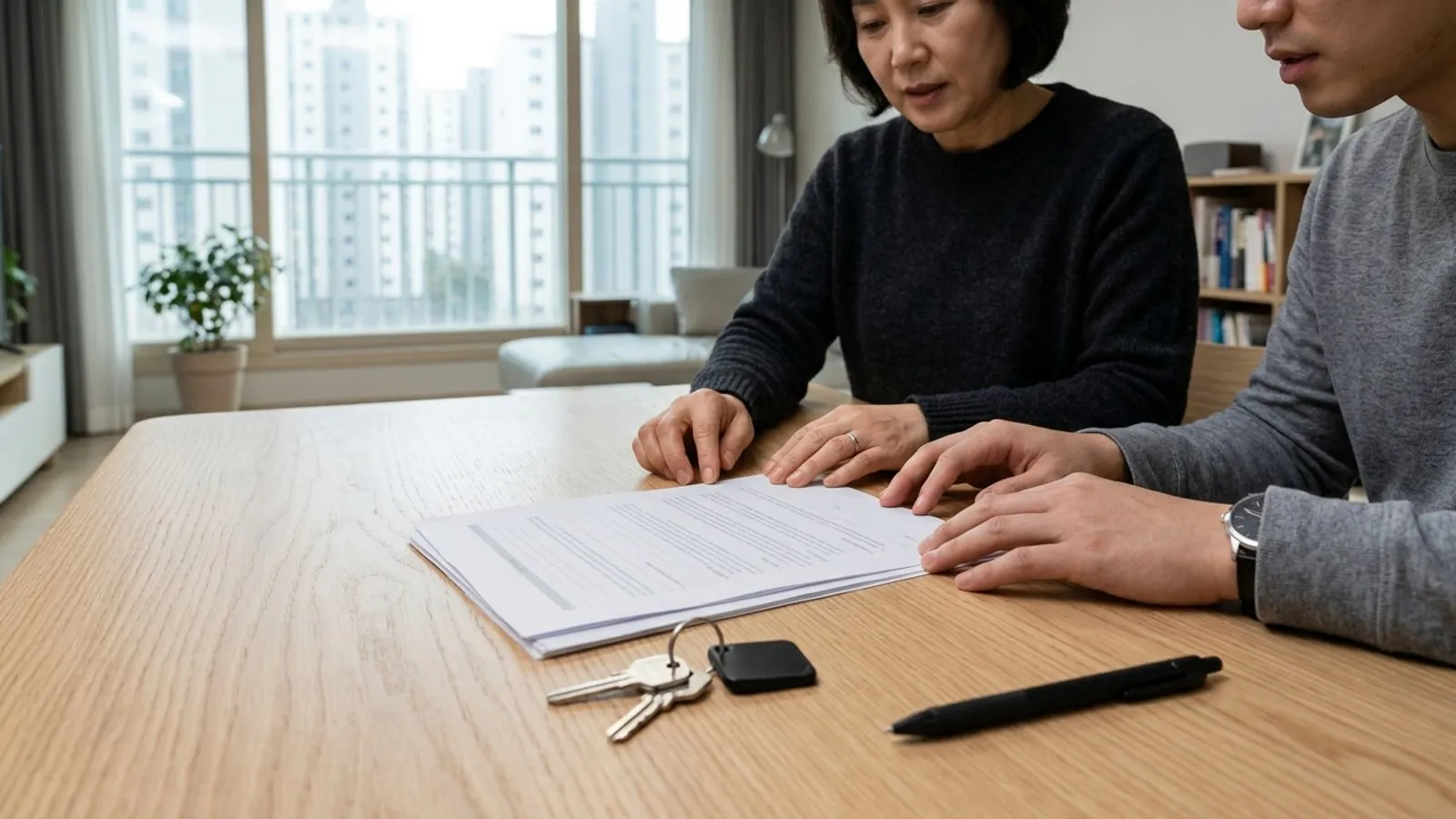 아파트 창가 앞 원목 테이블 위에서 주택 임대차 계약 문서를 검토하는 손과 열쇠의 모습