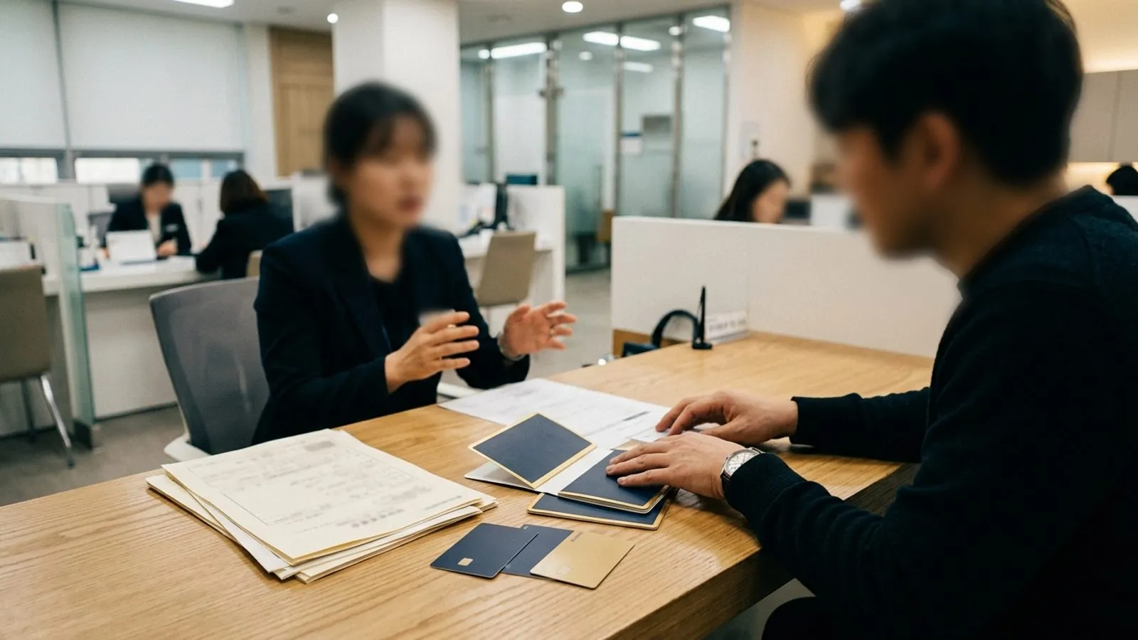 금융기관 상담 창구 책상 위에 놓인 통장과 서류, 창구에 앉아 상담을 기다리는 민원인의 손