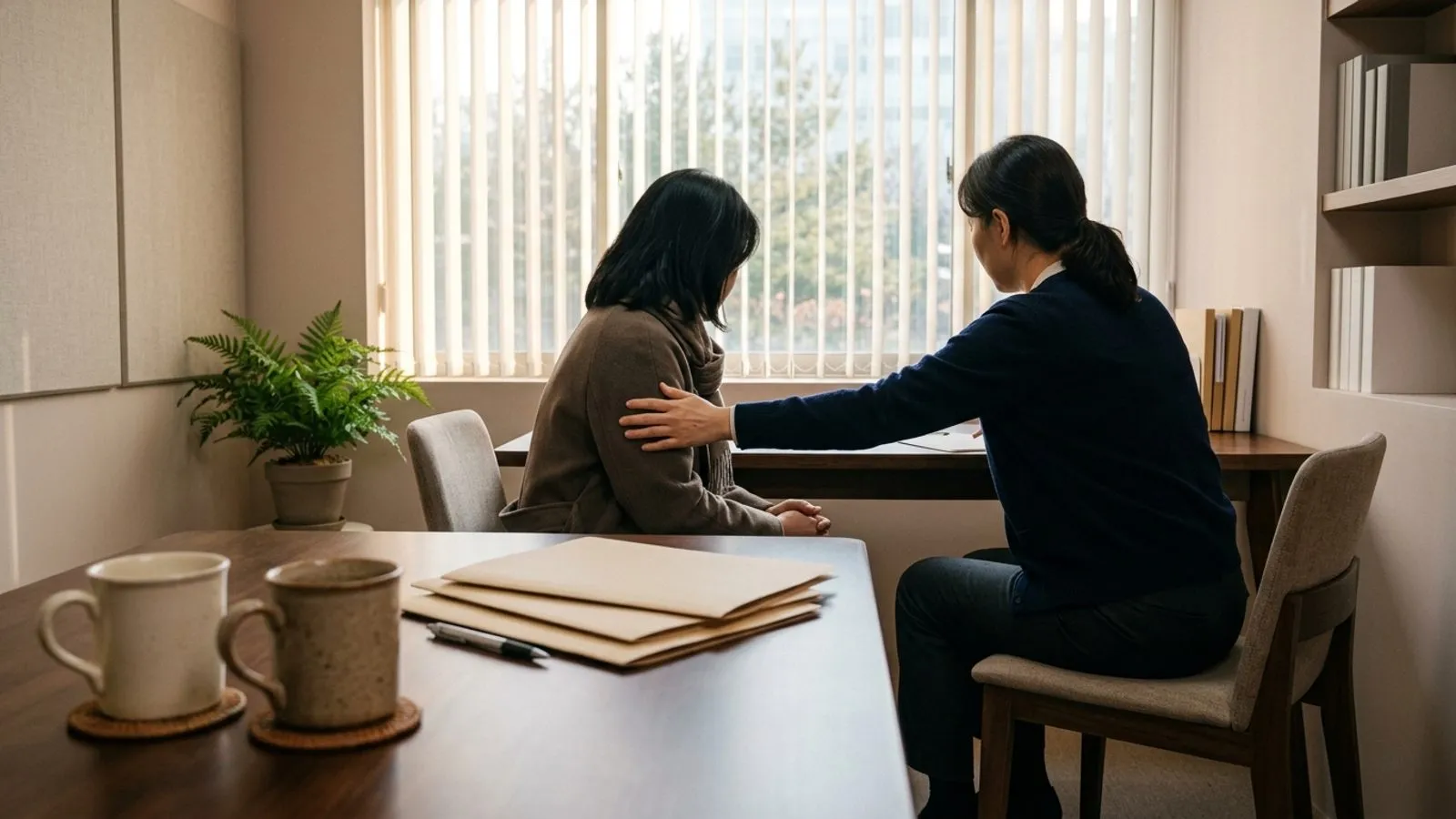 조용한 상담실 테이블에 서류와 찻잔이 놓여 있고 지원자가 곁에서 동행하며 상담을 준비하는 모습