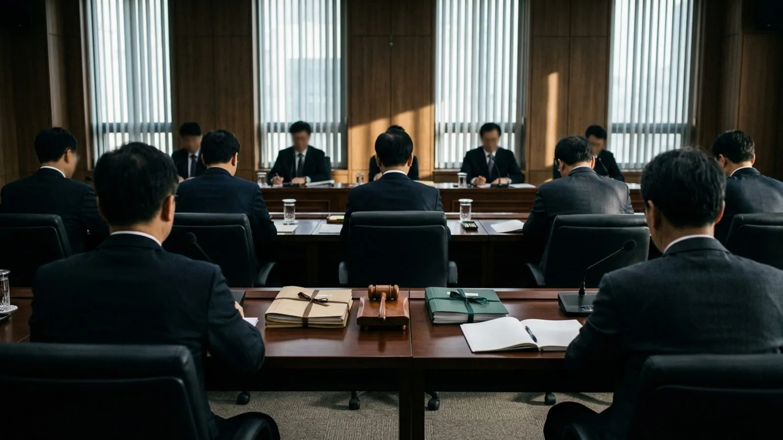 정부 청사 회의실에서 위원들이 서류가 놓인 회의용 탁자에 둘러앉아 있는 모습