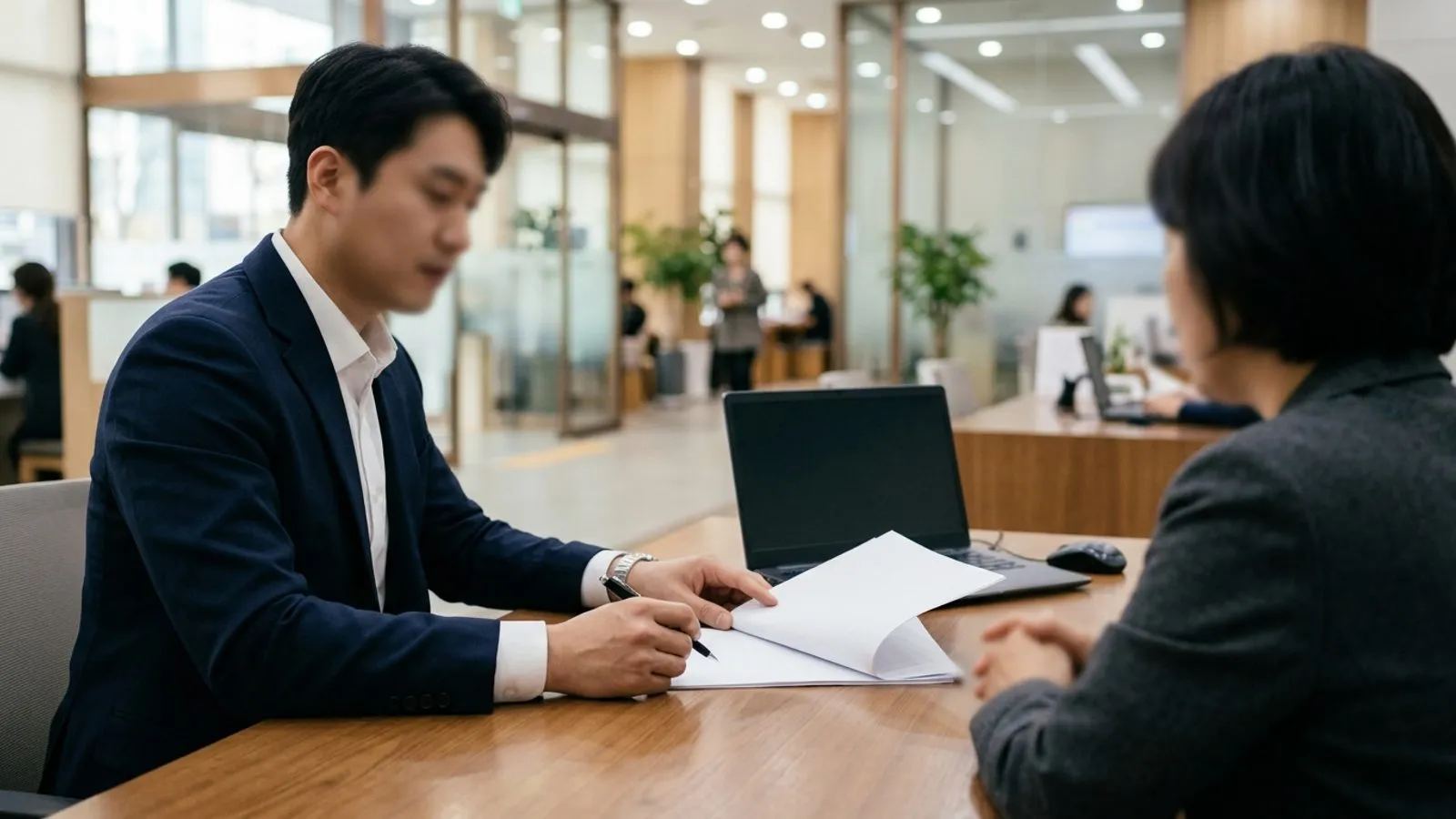 은행 상담 창구에서 직원이 서류를 들고 고객과 금융 상품 상담을 진행하는 모습