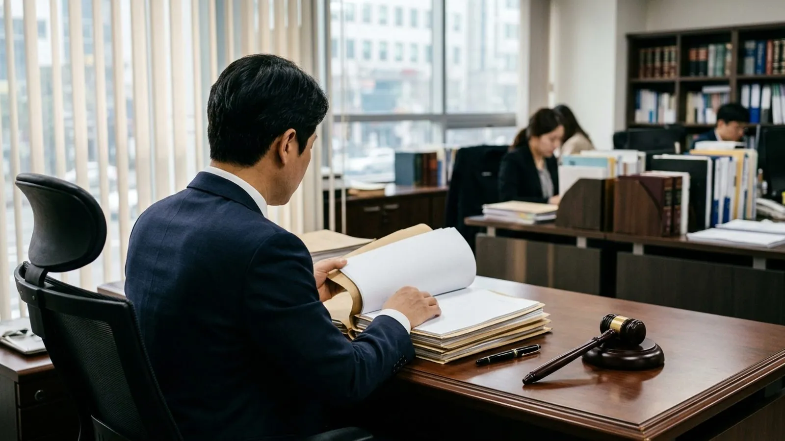 어두운 목재 책상 위에 놓인 두꺼운 수사 서류철과 법봉, 서류를 검토하는 정장 차림 인물의 뒷모습.
