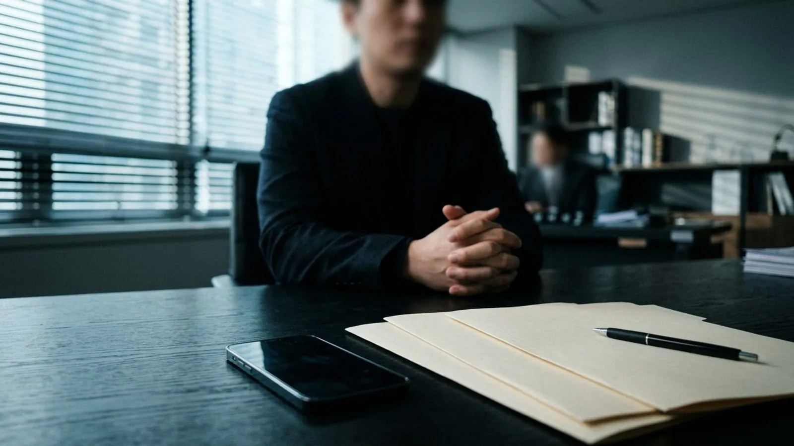 법률 상담실 책상 위에 스마트폰과 서류철이 놓여 있고 손을 모은 의뢰인의 실루엣이 보이는 모습