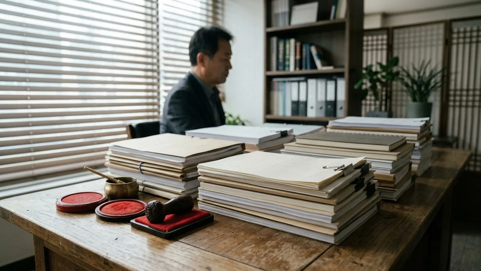 법률 사무실 책상 위에 상속 서류와 도장이 놓여 있는 모습