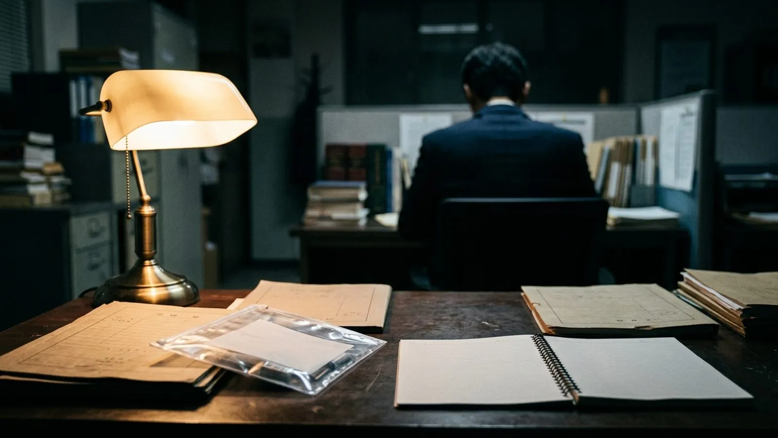 어두운 조명 아래 수사 서류와 증거 물품이 놓인 조사실 책상과 뒤편에 흐릿하게 보이는 인물의 실루엣