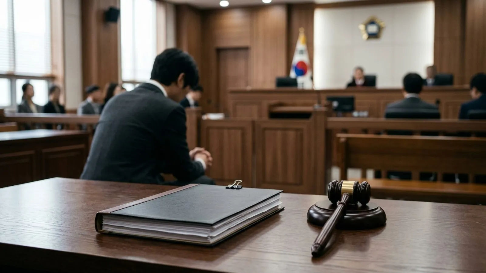 법정 내부의 묵직한 목제 책상 위에 놓인 서류와 법봉, 그리고 뒤편에 흐리게 앉아 있는 인물의 뒷모습.