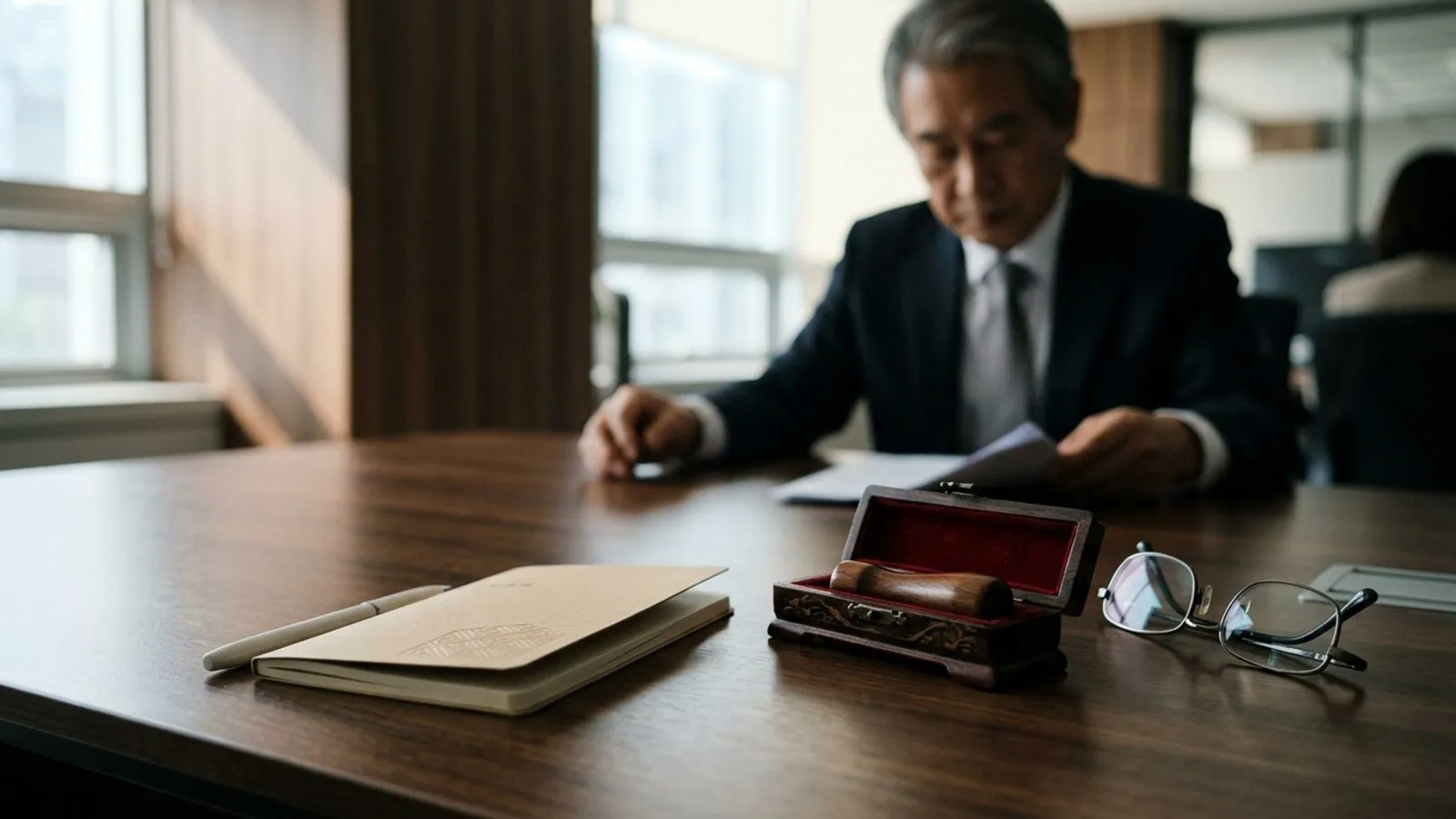 원목 책상 위에 놓인 서류와 도장, 안경 너머로 흐릿하게 보이는 인물의 손