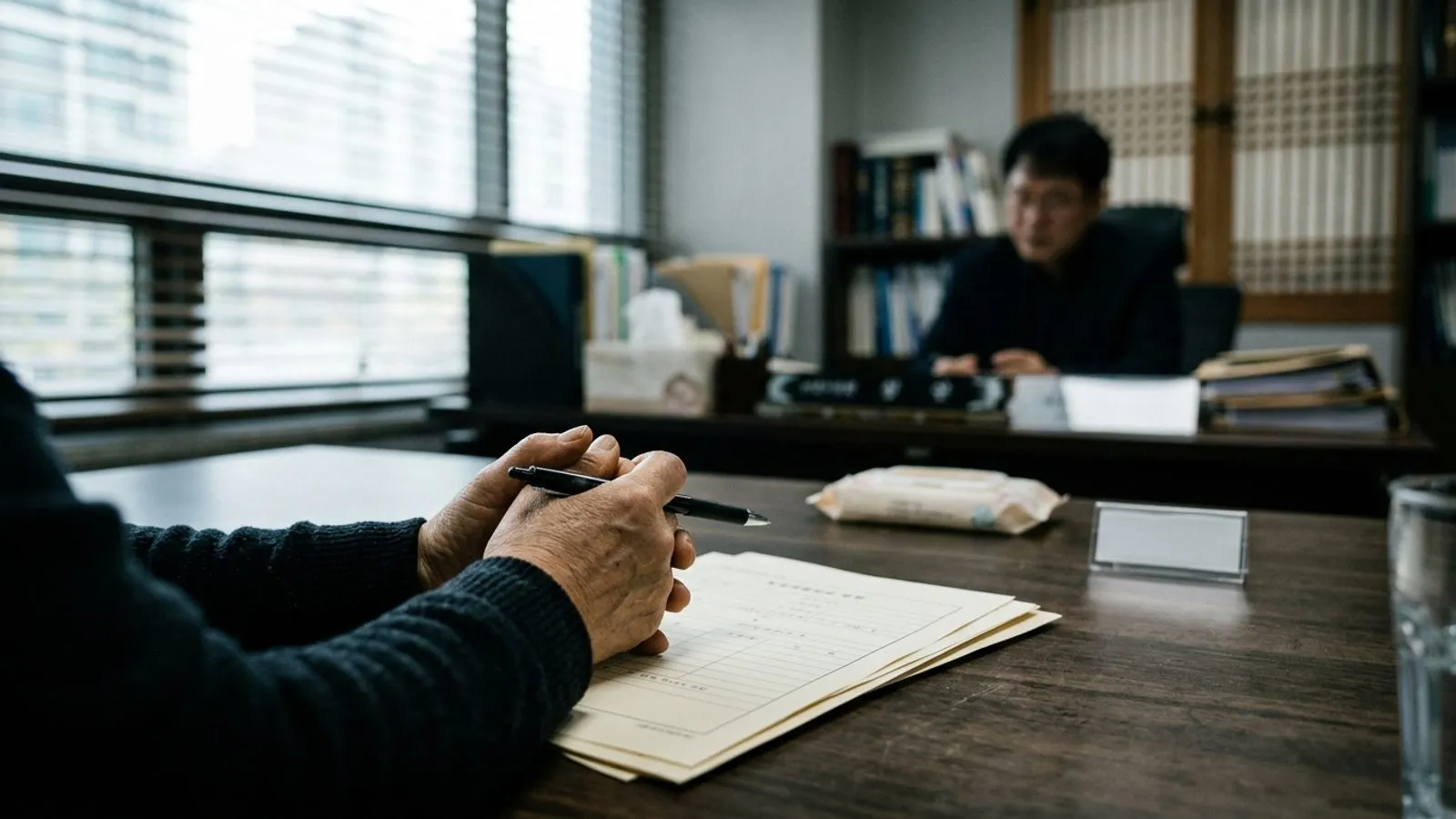 법률 상담실 책상 위에 놓인 서류와 펜을 쥐고 있는 손의 모습