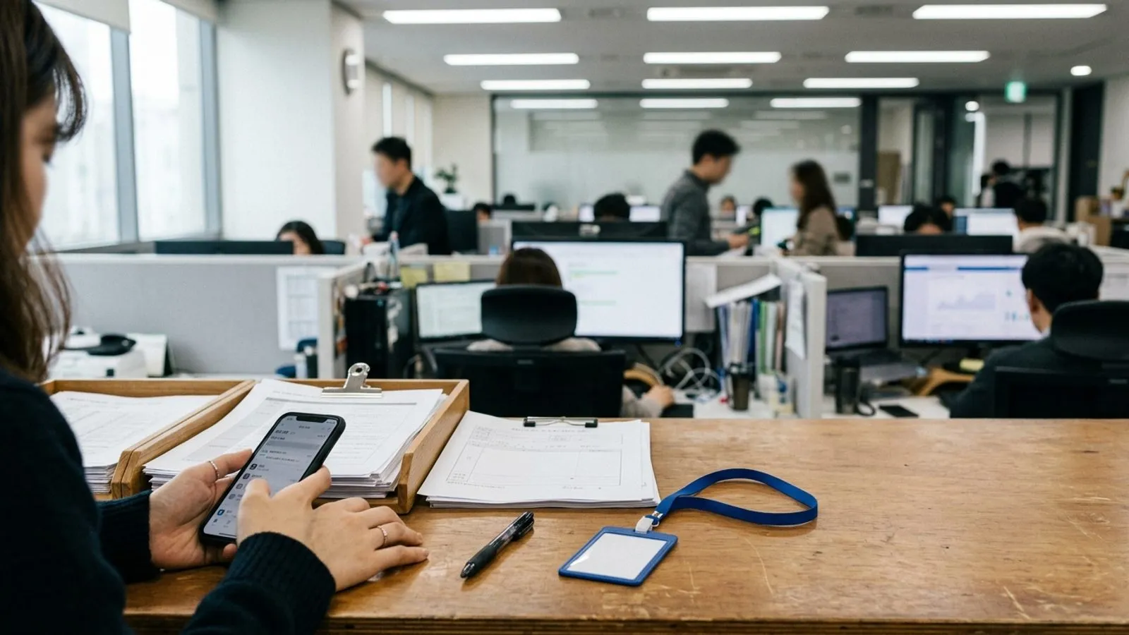 사무실 책상 위 스마트폰과 업무 서류를 확인하며 증거를 정리하는 직원의 손 모습