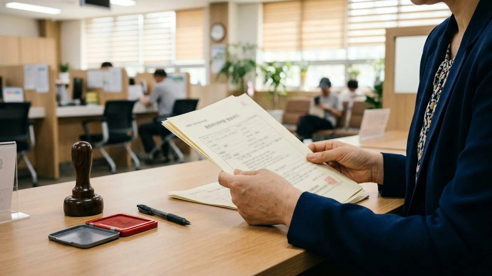 공공기관 상담 창구 책상 위에 서류와 도장, 펜이 놓여 있고 민원인이 서류를 검토하는 모습
