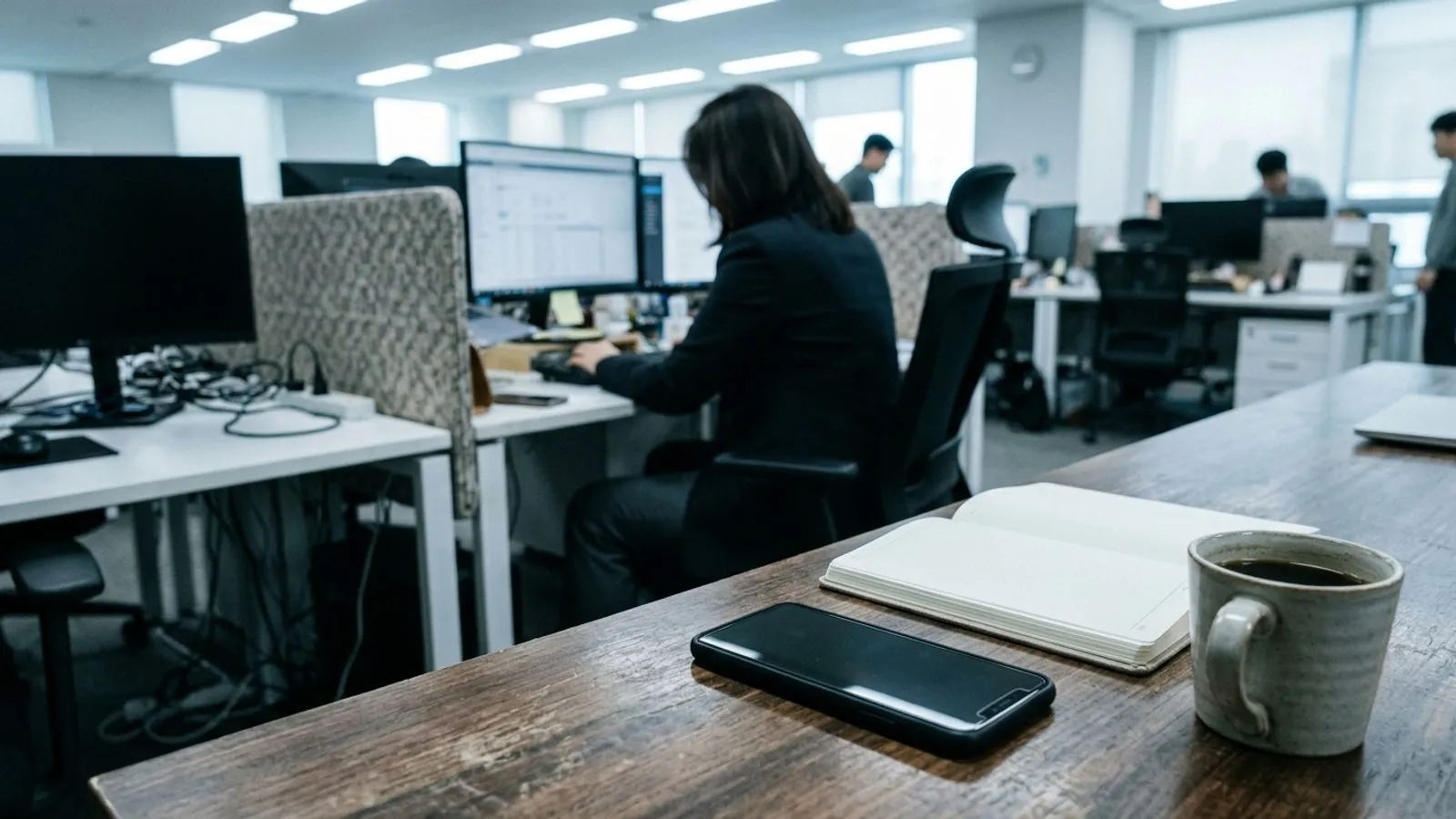 사무실 책상 위에 놓인 스마트폰과 파티션 너머로 흐릿하게 보이는 동료의 모습