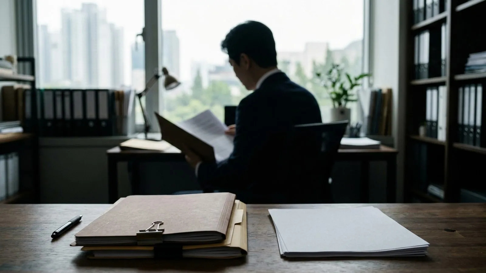 어두운 목재 책상 위에 놓인 두꺼운 수사 서류철과 뒤편에서 기록을 검토하는 인물의 실루엣