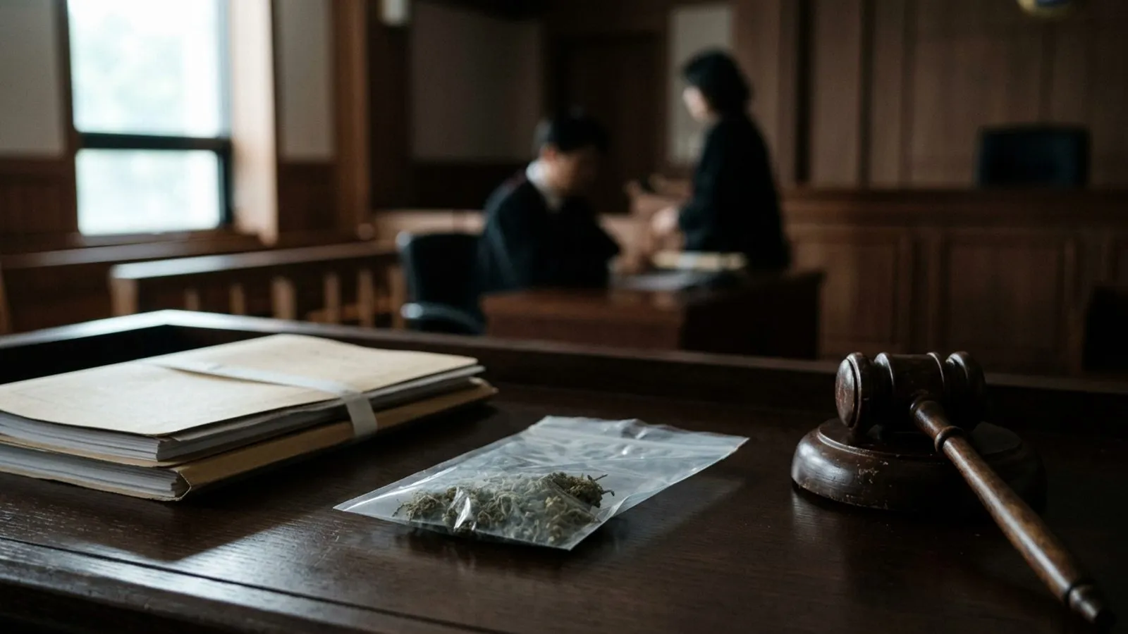 어두운 목재 탁자 위에 놓인 법원 서류철과 의사봉 및 증거물 봉투