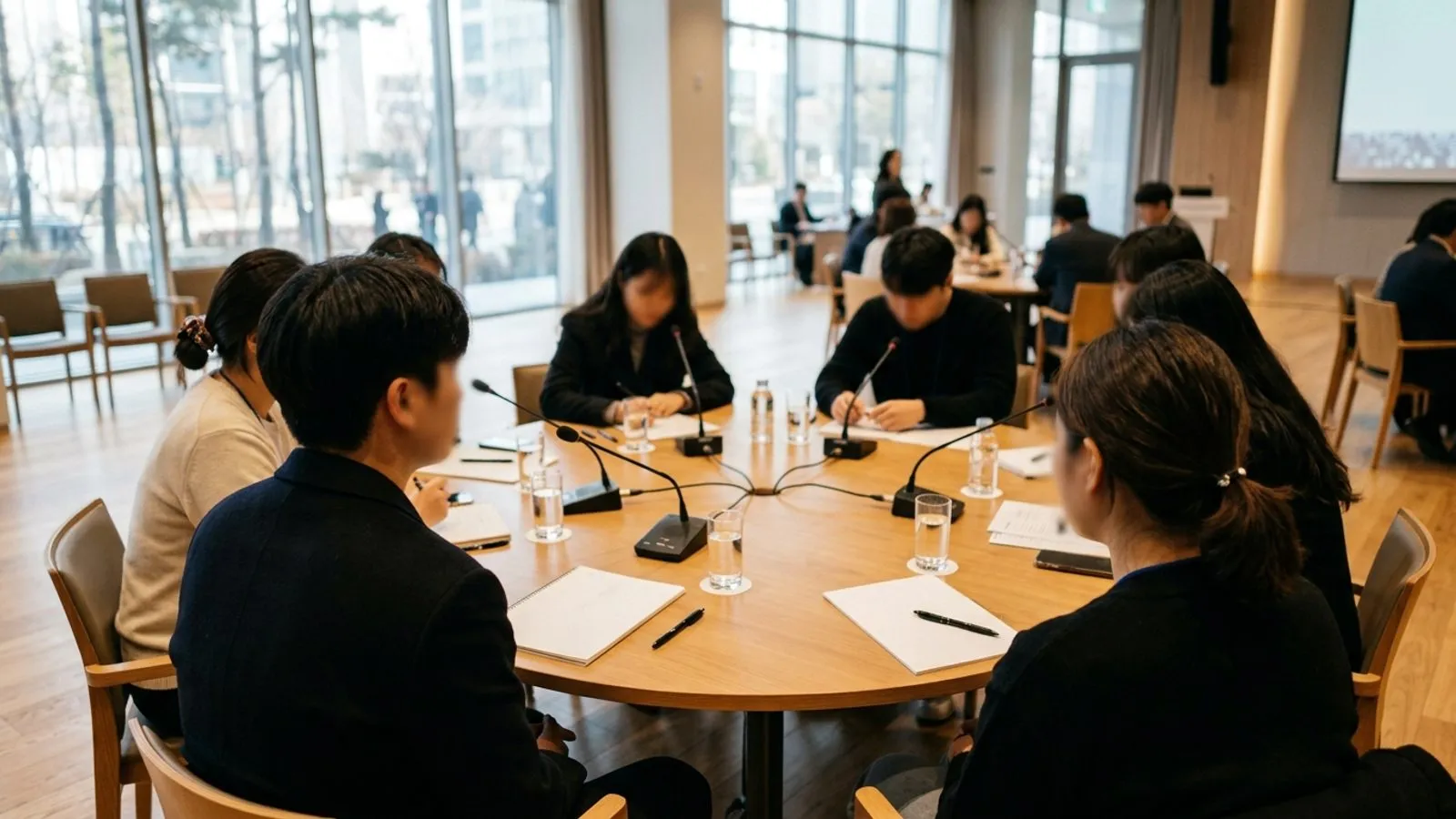 회의실 원형 테이블에 둘러앉아 토론에 참여하고 있는 청년들의 뒷모습