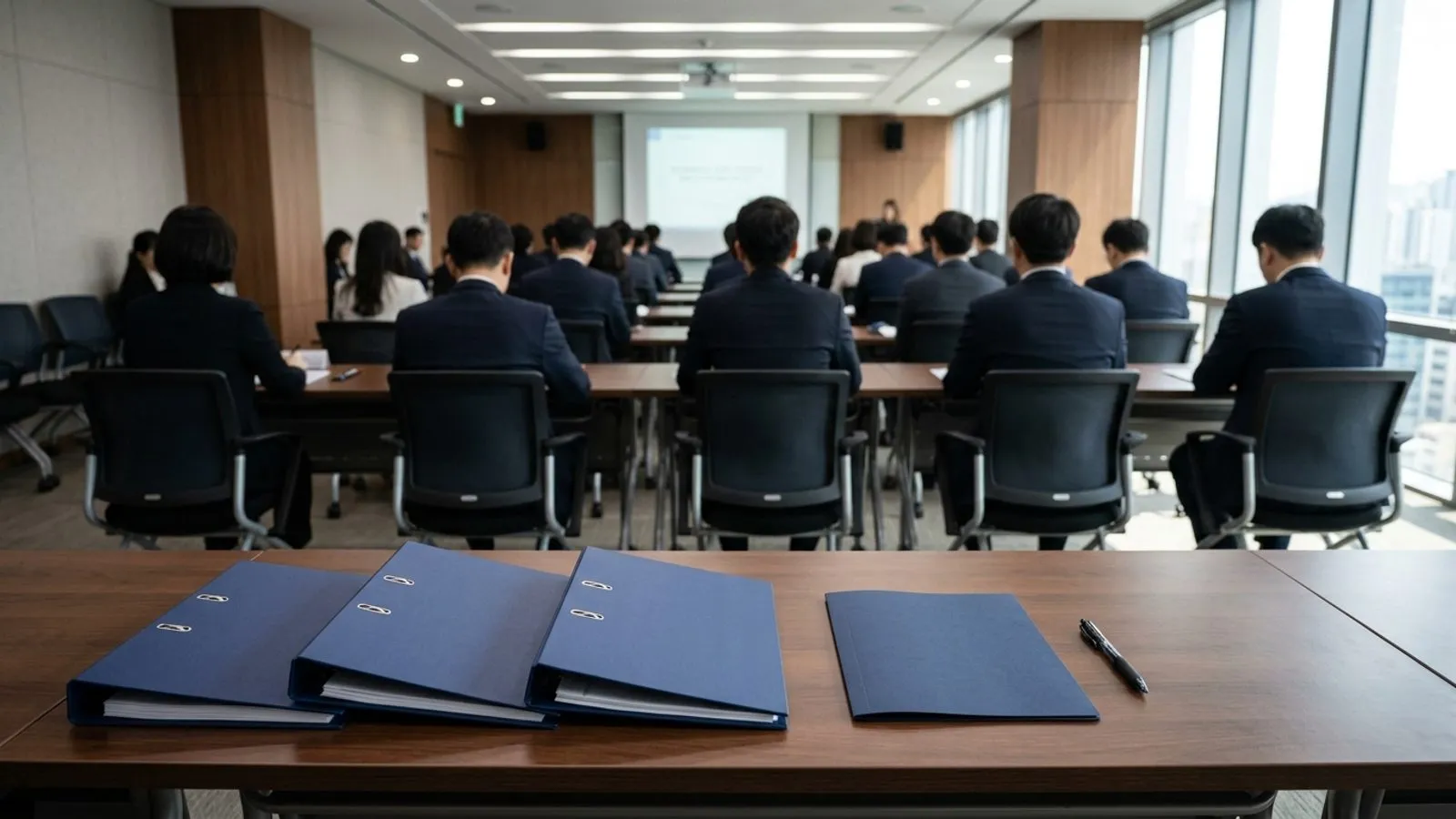 단정한 정부 회의실 책상 위에 놓인 공문서 서류철과 뒤편에 앉아 교육에 집중하는 공직자들의 뒷모습.