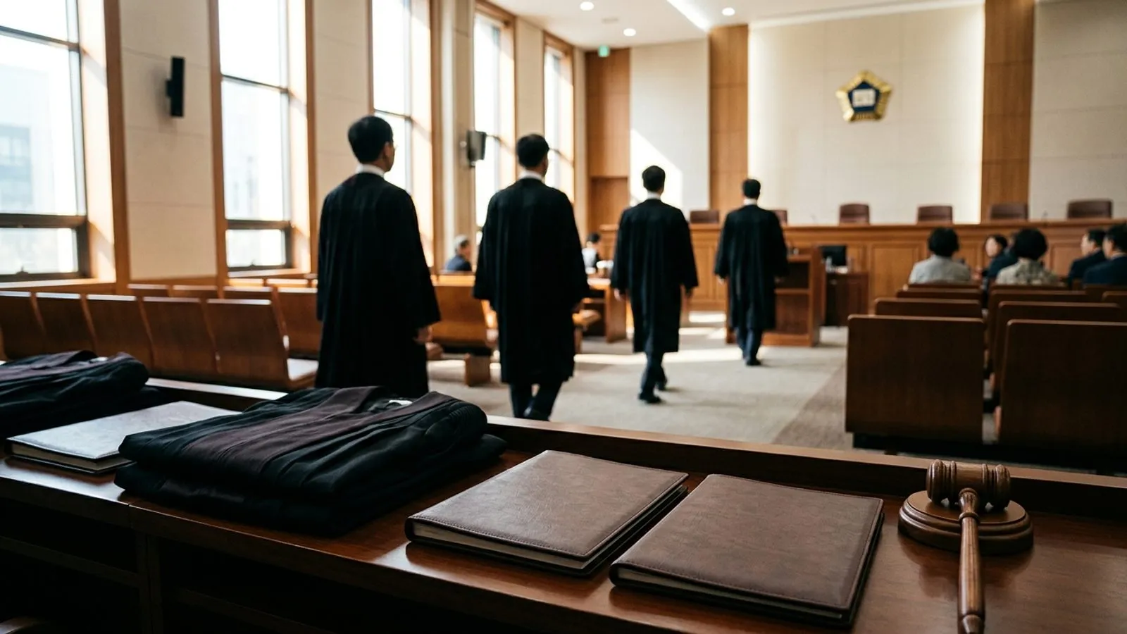 법정 내부 책상 위에 정갈하게 놓인 검은색 법복과 의사봉, 뒤편으로 흐리게 보이는 법관들의 뒷모습