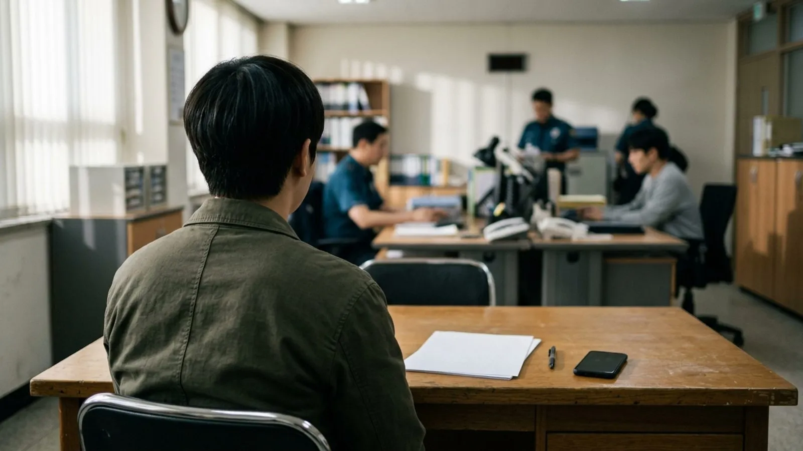 경찰서 민원실 책상에 서류를 두고 앉아 있는 청소년의 뒷모습과 상담실 내부 풍경
