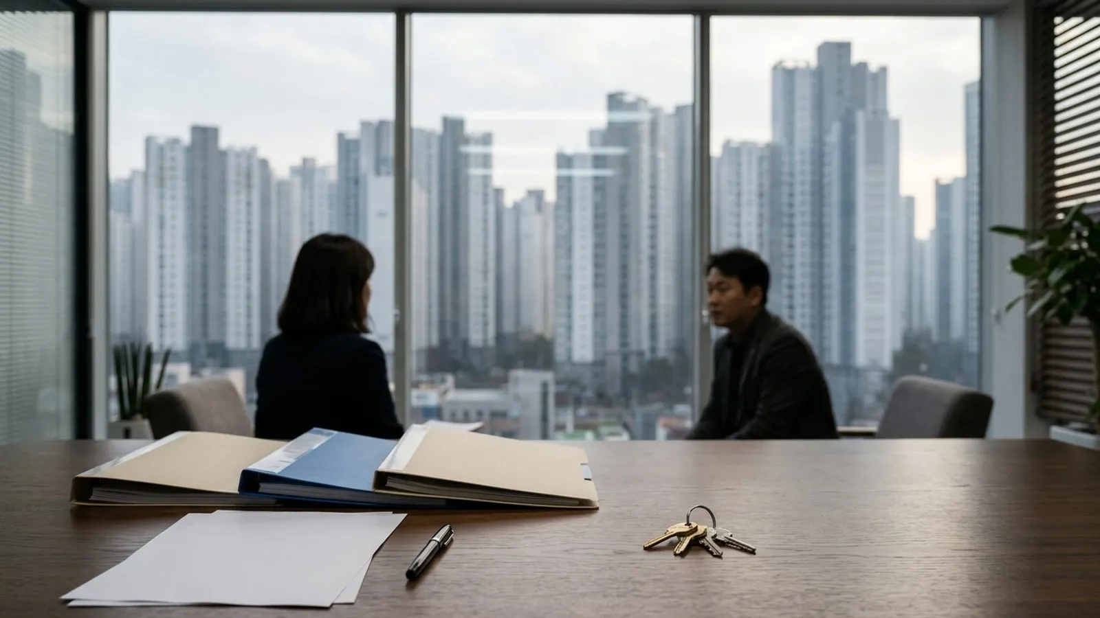 고층 아파트 단지가 보이는 창가 앞 법률 사무소 책상 위에 서류철과 열쇠가 놓여 있는 모습