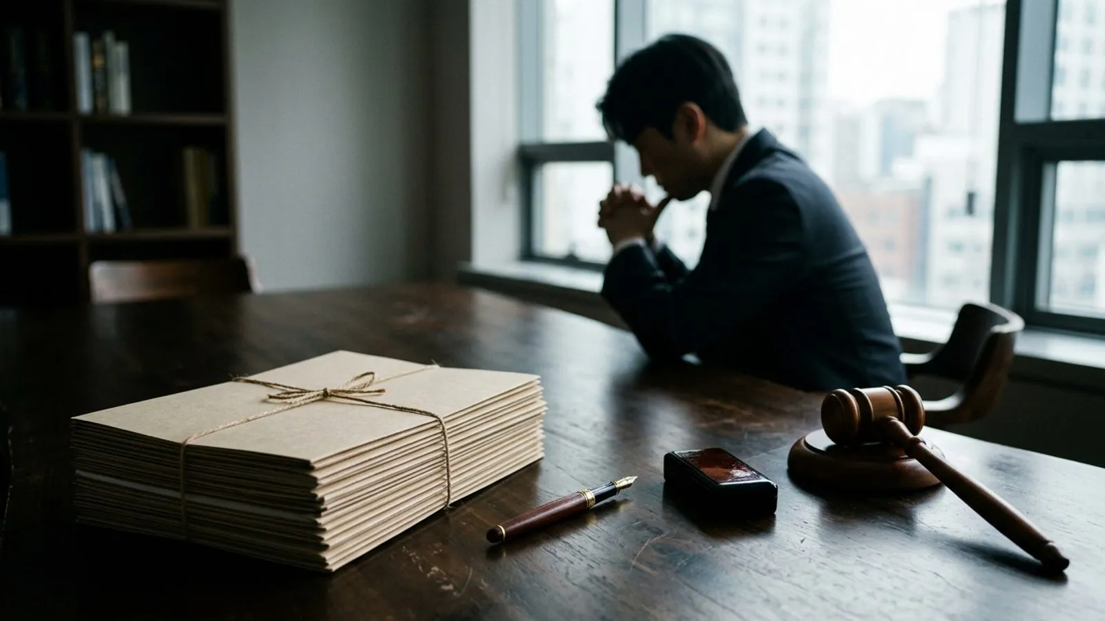 법률 사무실 책상 위에 놓인 서류철과 만년필, 뒤편으로 보이는 정장 차림 인물의 흐릿한 실루엣