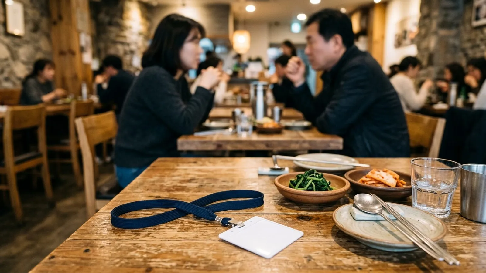 식당 테이블 위에 놓인 신분증 목걸이와 맞은편에 흐릿하게 앉아 대화하는 인물의 모습
