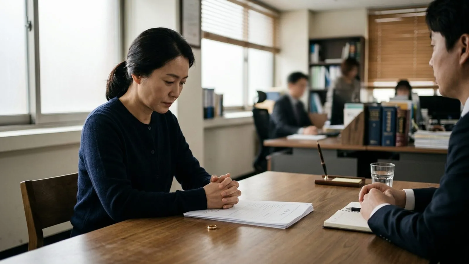 창가 책상 위에 놓인 백색 법률 서류와 손, 결혼반지가 차분한 자연광 속에 비친 모습