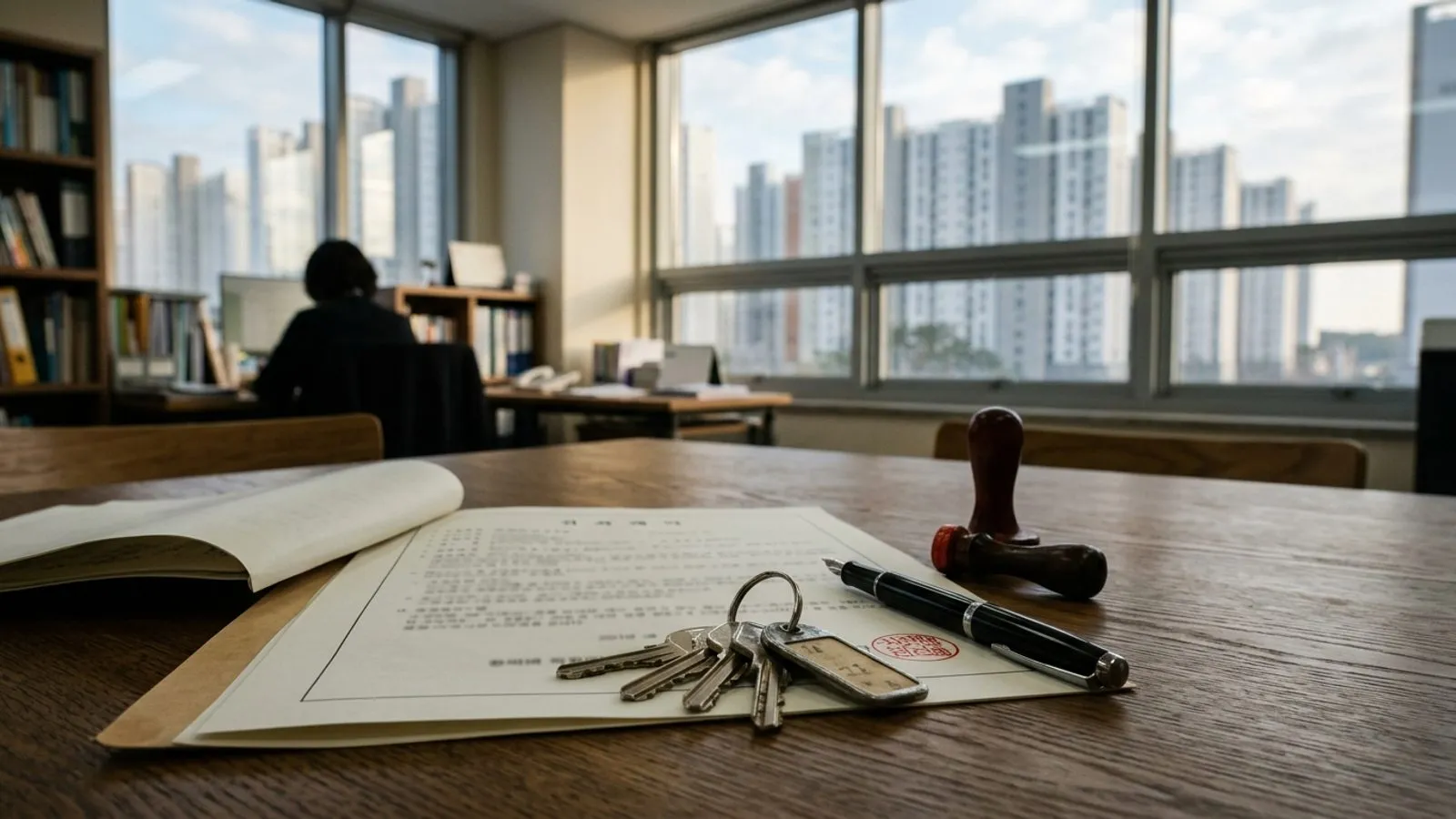부동산 사무실 책상 위에 놓인 계약 서류와 인감도장, 열쇠 너머로 아파트 단지가 보이는 모습