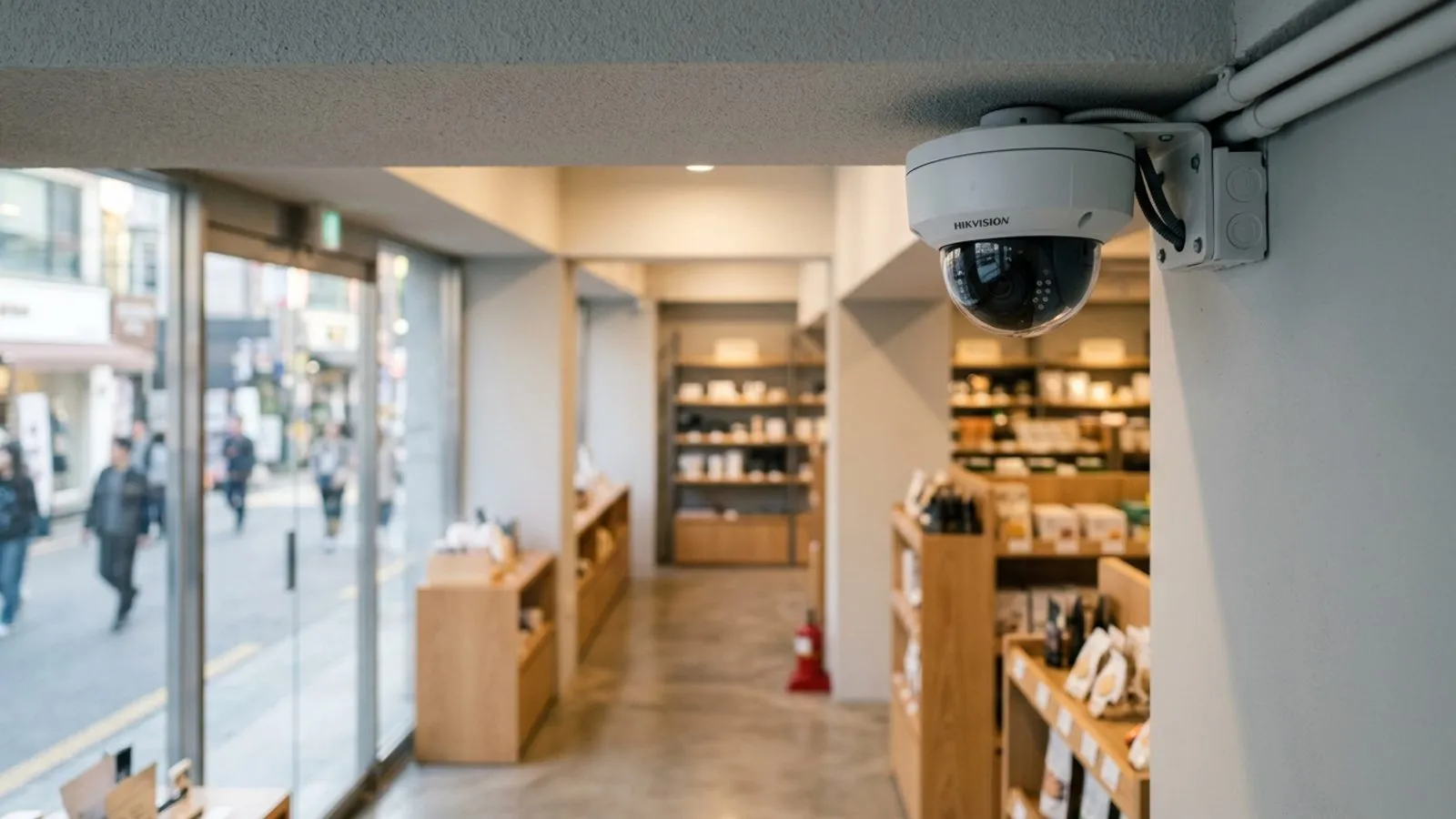 실내 천장에 설치된 보안용 폐쇄회로(CCTV) 카메라와 흐릿한 매장 배경