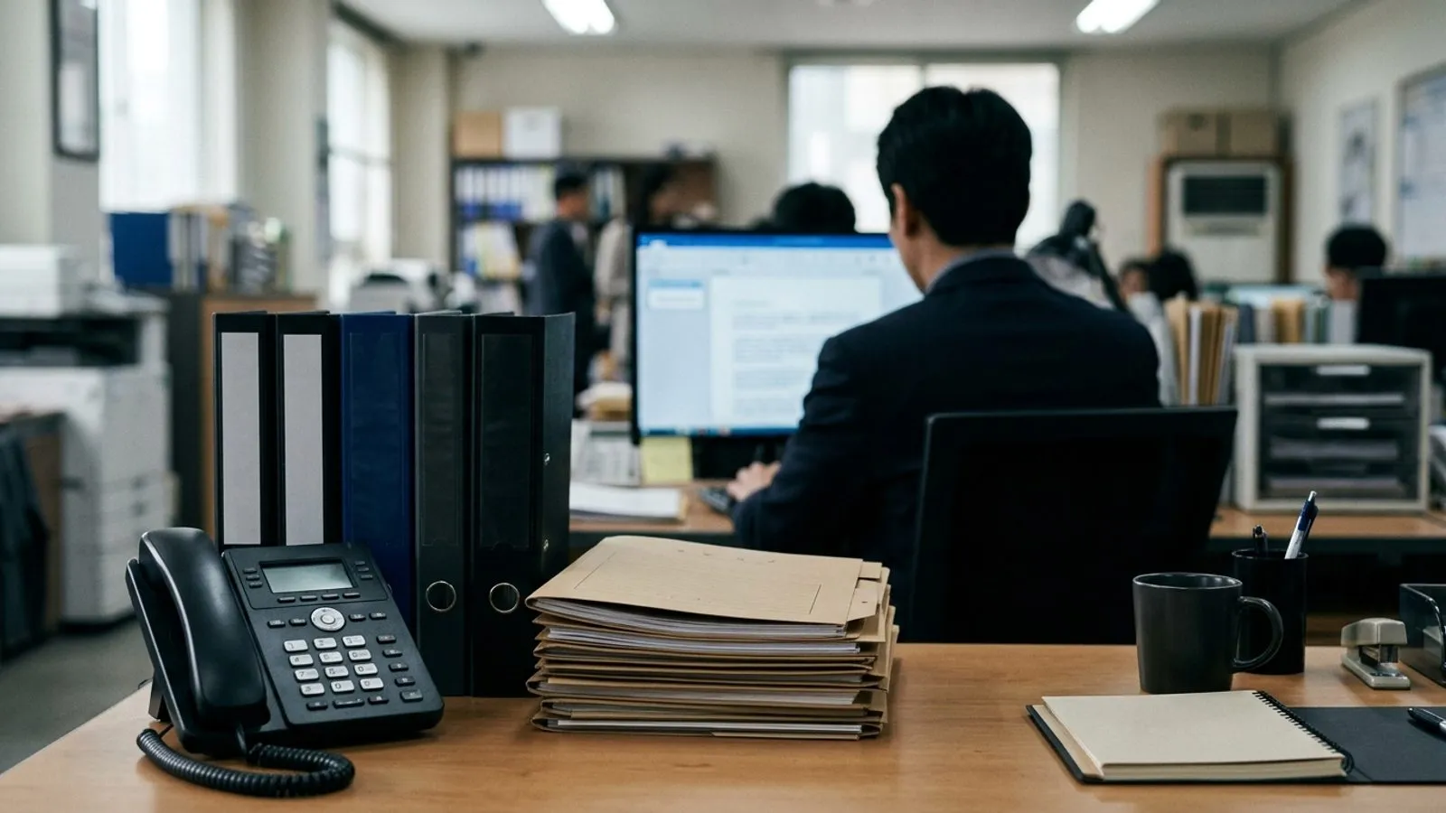 수사 서류철과 유선 전화기가 놓인 경찰 수사 사무실 책상과 업무를 보는 인물의 뒷모습.