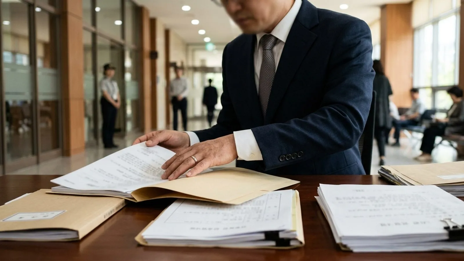 법원 회의실 책상 위에 놓인 서류철과 이를 검토하는 사람의 손을 클로즈업한 보도용 사진.