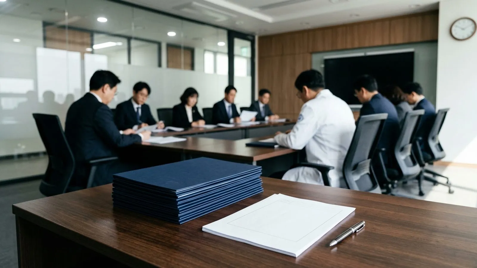 회의실 탁자 위에 놓인 서류철과 필기구 너머로 흐릿하게 보이는 위원들의 회의 모습