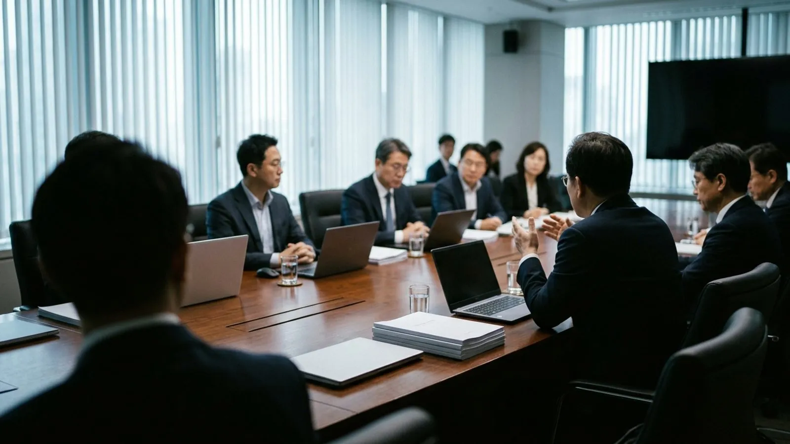 정부 회의실 회의 탁자에 서류와 노트북이 놓여 있고 정장 차림의 참석자들이 둘러앉아 있는 모습