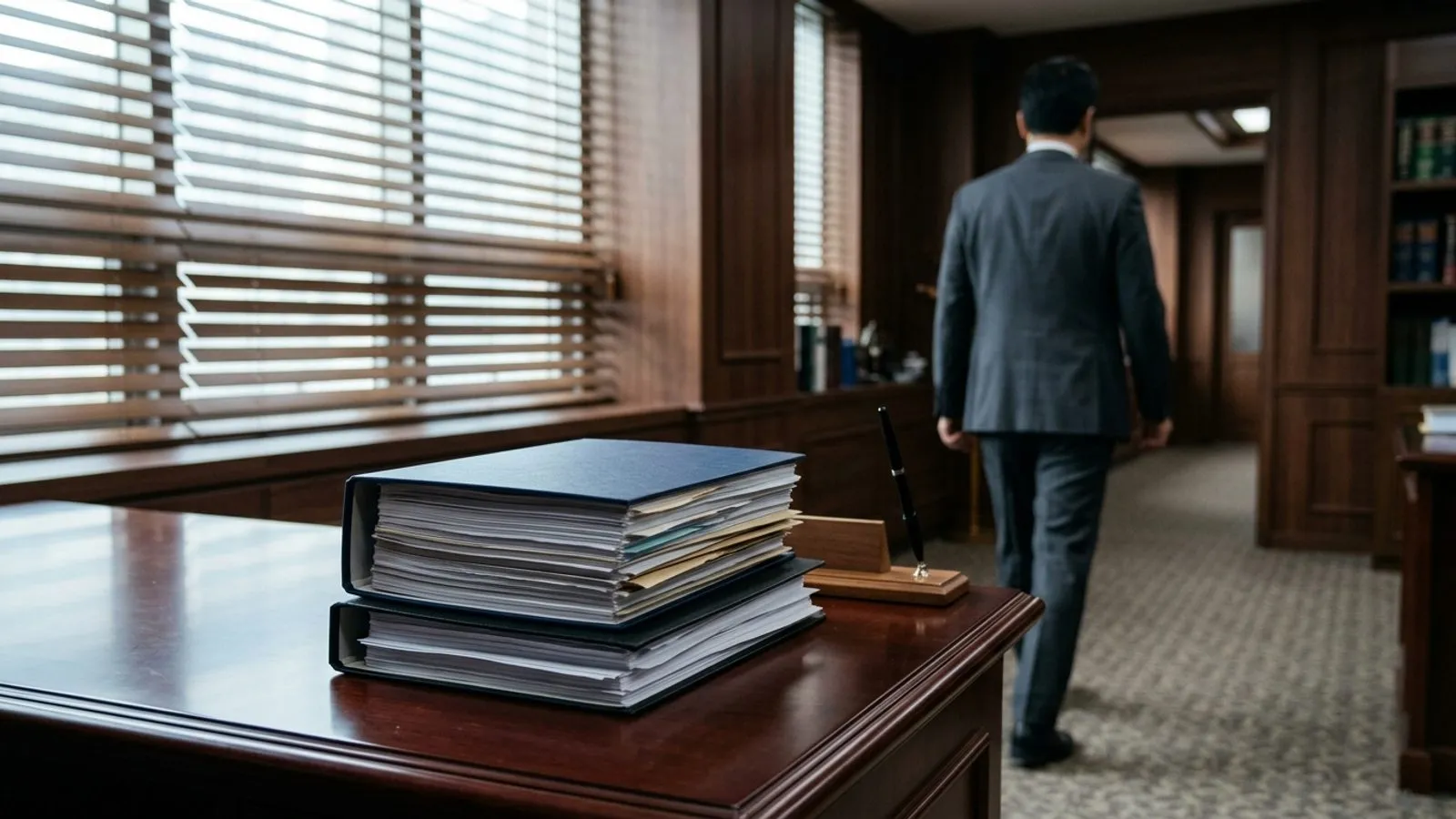어두운 목재 책상 위에 수사 서류철이 놓여 있고 블라인드 사이로 빛이 비치는 회의실 풍경