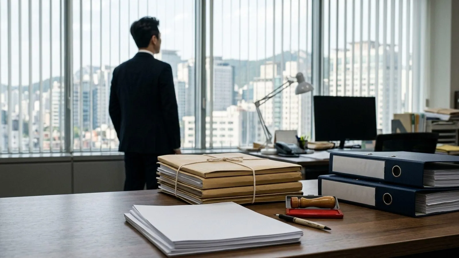정부 사무실 책상 위에 가지런히 놓인 두꺼운 수사 서류철과 도장, 창가에 선 공직자의 뒷모습