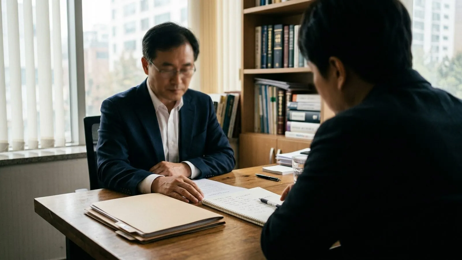 법률 지원 상담실 책상에서 상담사와 의뢰인이 서류를 사이에 두고 마주 앉아 있는 모습
