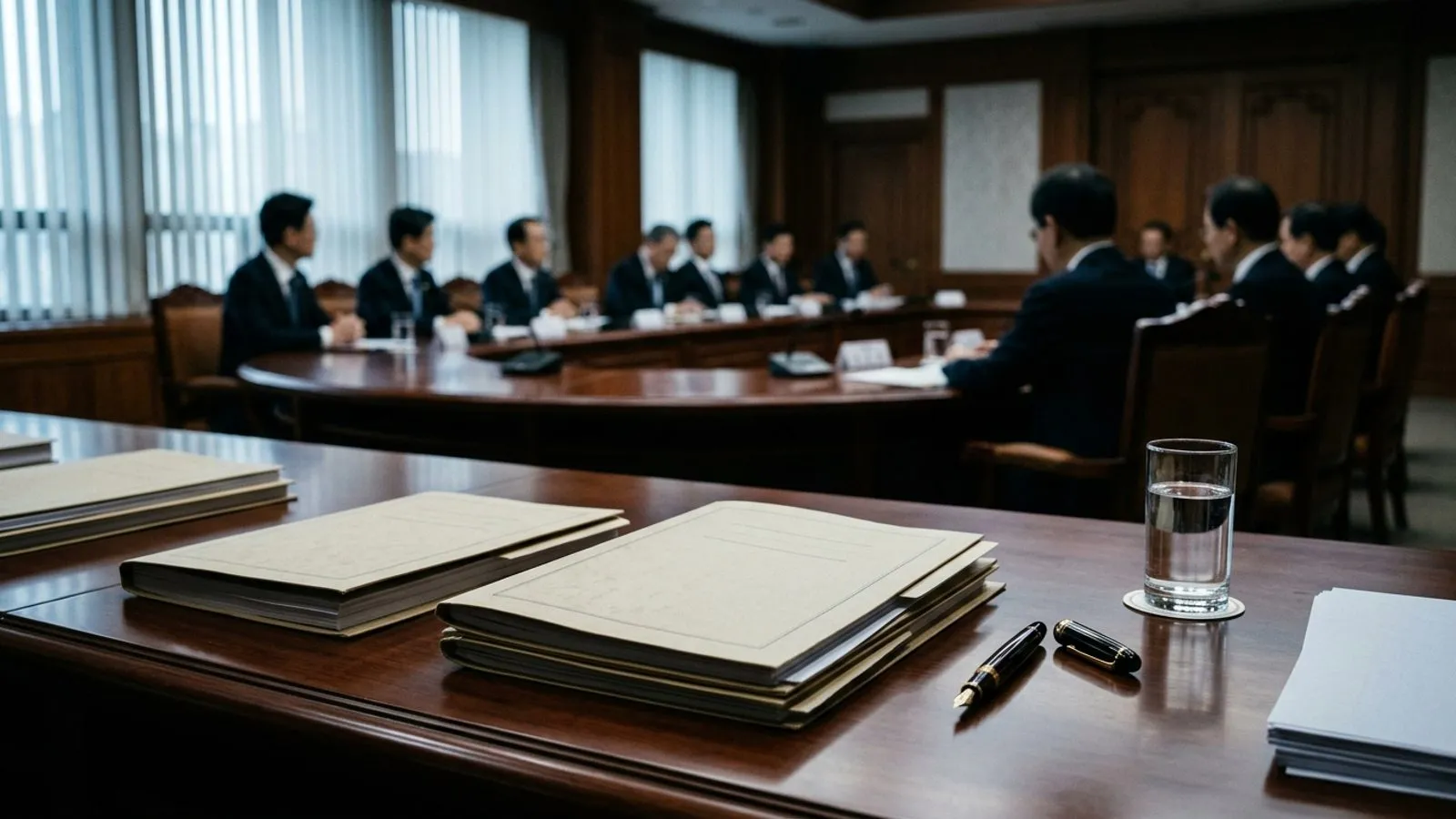 회의실 원목 탁자 위에 서류철과 만년필이 놓여 있고, 배경으로 정장 차림 참석자들의 뒷모습이 흐리게 보이는 장면