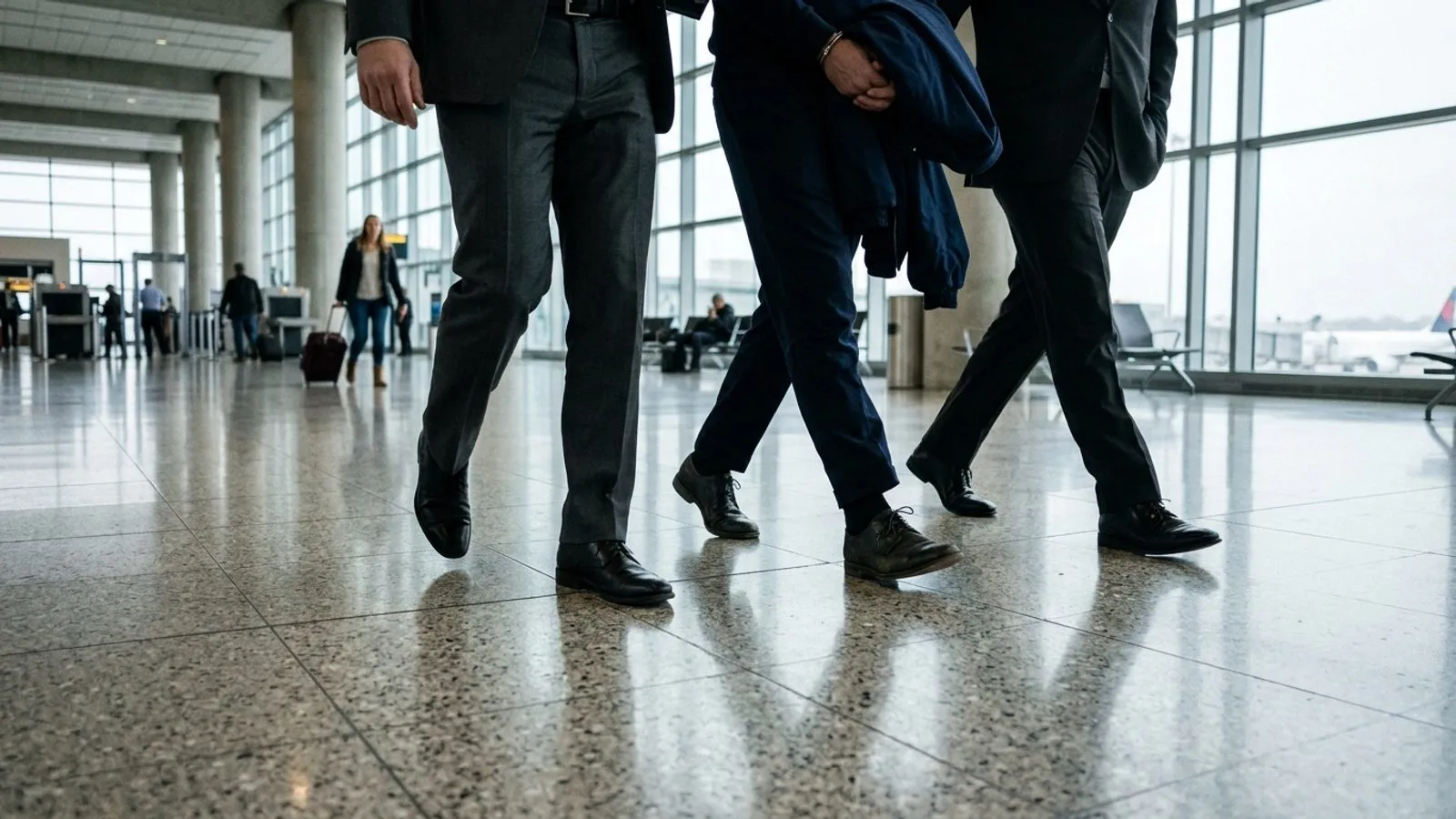 공항 터미널에서 정장 차림의 수사관들에게 호송되어 이동하는 피의자의 발걸음과 수갑