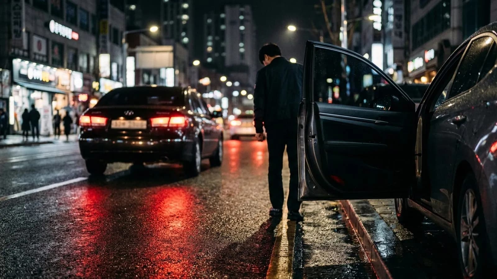 야간 도심 도로변에 멈춰 서 문이 열려 있는 차량과 아스팔트 바닥에 비친 붉은 후미등 불빛