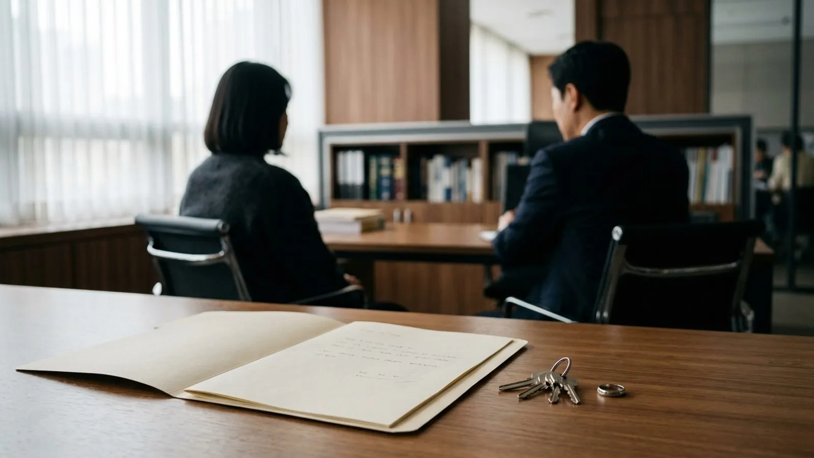 차분한 조명의 법률 상담실 책상 위에 서류철과 열쇠가 놓여 있고, 그 너머로 상담 중인 인물들의 실루엣이 보이는 모습.