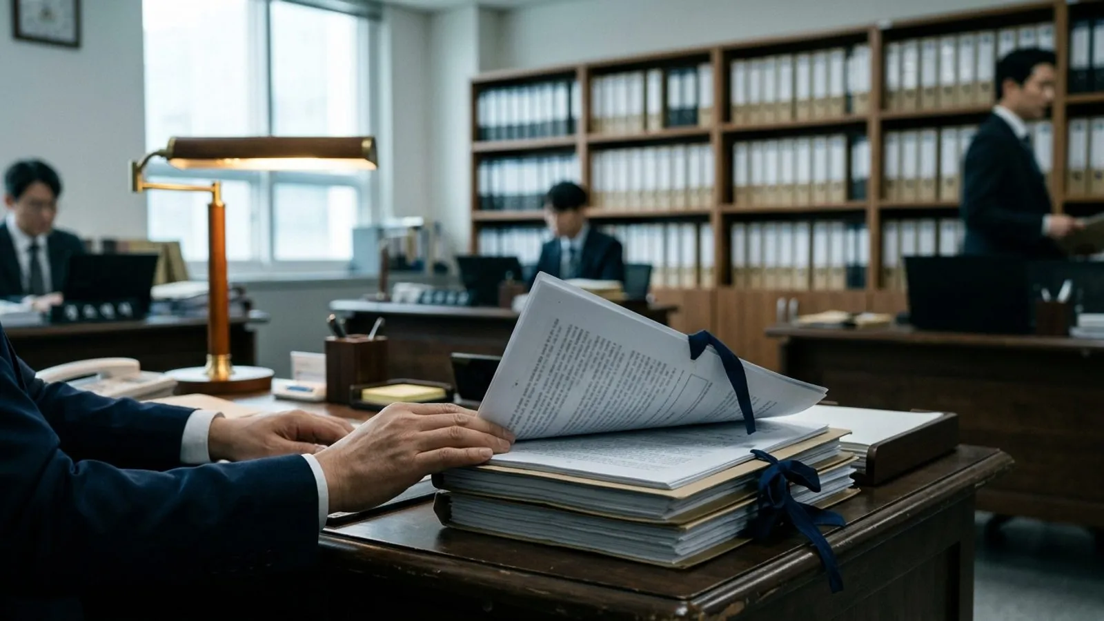 검사실 책상 위에 가지런히 쌓인 두꺼운 사건 기록철을 양복 차림의 조사관이 넘겨보고 있는 모습.