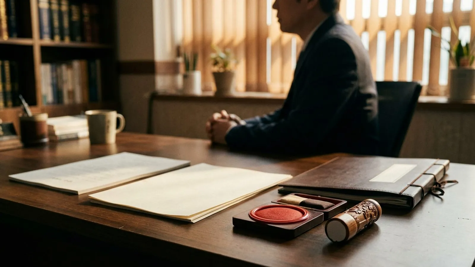 차분한 조명의 법률 상담실 책상 위에 도장과 서류철이 놓여 있고 뒤편으로 고뇌하는 사람의 손이 보이는 모습