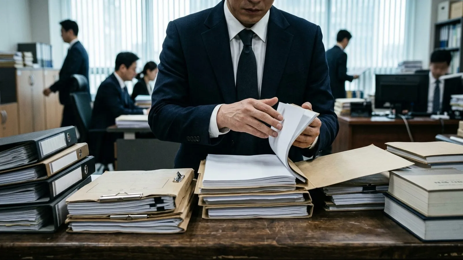 사무실 책상 위에 수사 기록 서류철이 쌓여 있고, 정장 차림의 인물이 서류를 검토하고 있는 모습.
