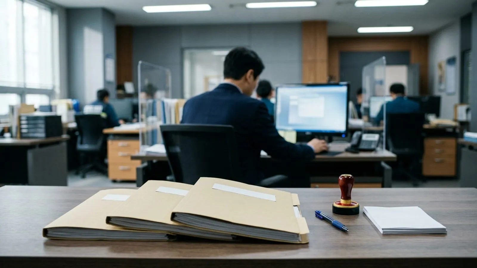 경찰서 수사 상담실 책상 위에 놓인 사건 서류철과 칸막이 너머로 흐리게 보이는 수사관의 모습