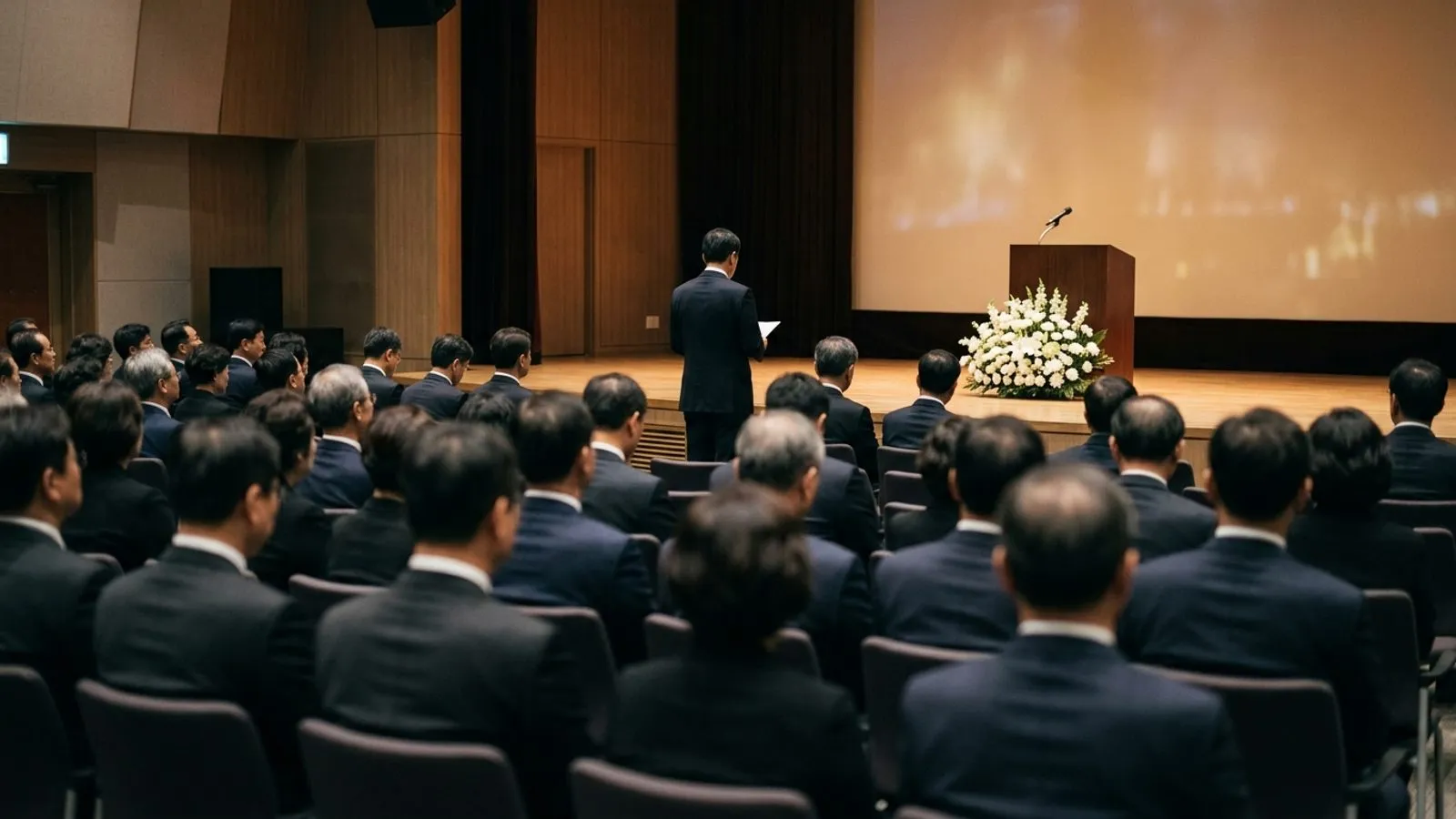 어두운 정장을 입은 참석자들의 뒷모습 너머로 흰 꽃과 강연대가 놓인 엄숙한 기념식장 무대