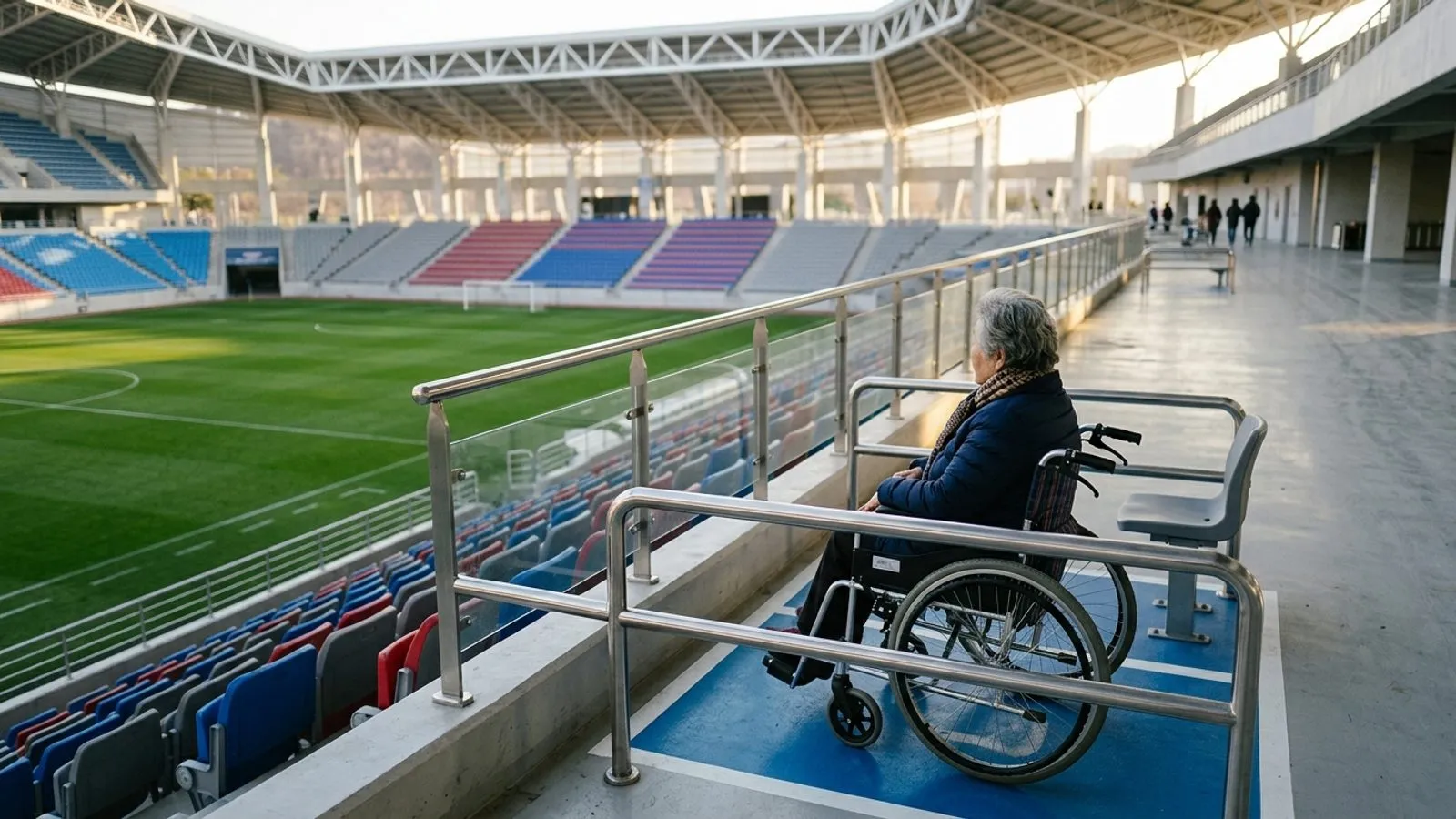 경기장 관람석 난간 너머로 푸른 잔디와 빈 좌석들이 보이는 휠체어 전용 관람 구역의 모습