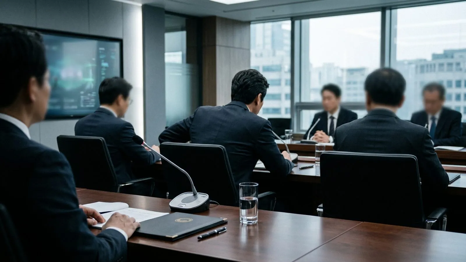 긴급 회의가 열리는 정부 청사 회의실 탁자에 놓인 마이크와 서류철, 그리고 흐릿하게 보이는 참석자들의 모습.