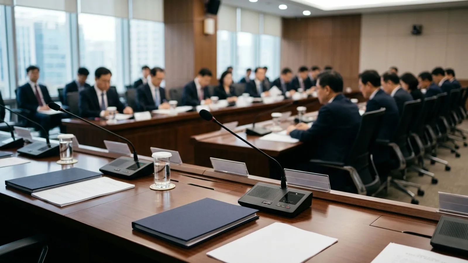 회의용 마이크와 서류철이 놓인 정책 포럼 회의장 책상과 흐릿하게 보이는 참석자들의 모습