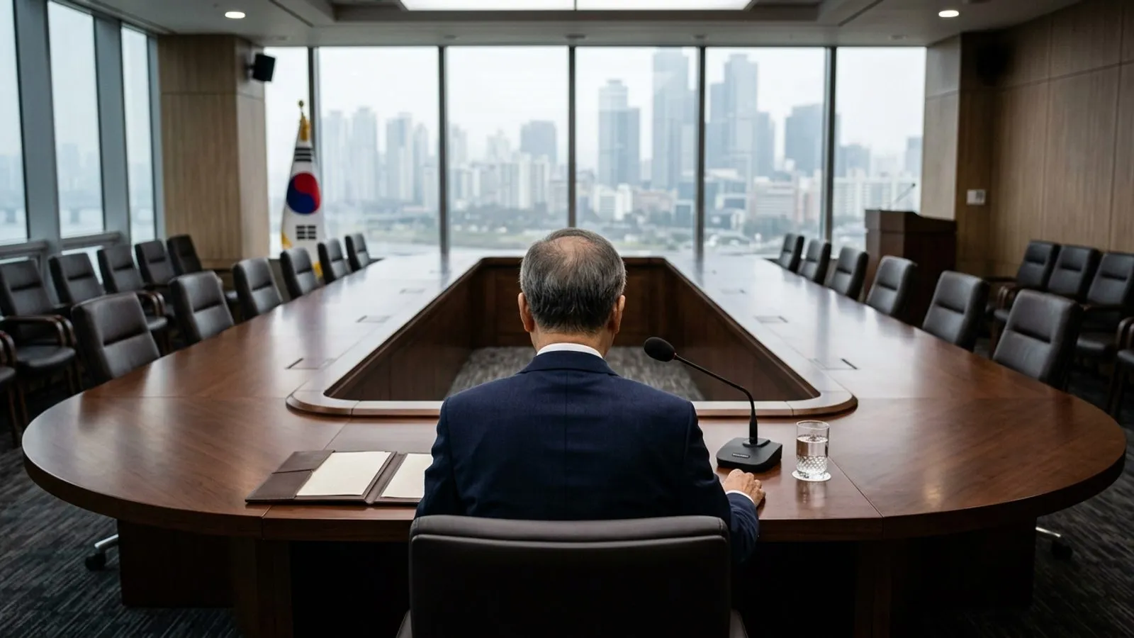 도심 풍경이 내다보이는 회의실에서 정장 차림의 관계자가 서류가 놓인 원목 탁자에 앉아 있는 모습