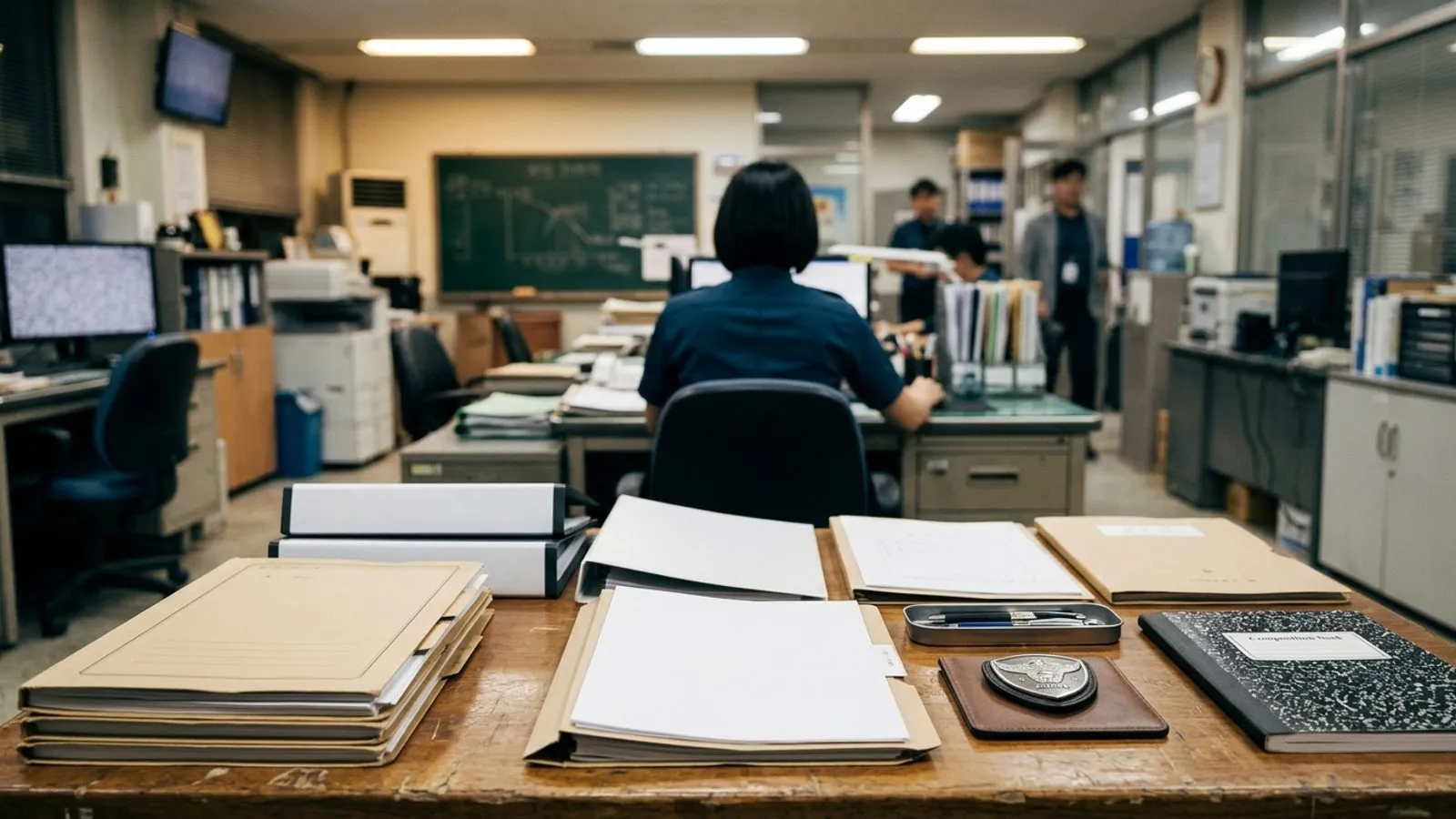 경찰 수사 사무실 책상 위에 수사 기록 파일과 서류철이 가지런히 놓여 있는 모습.
