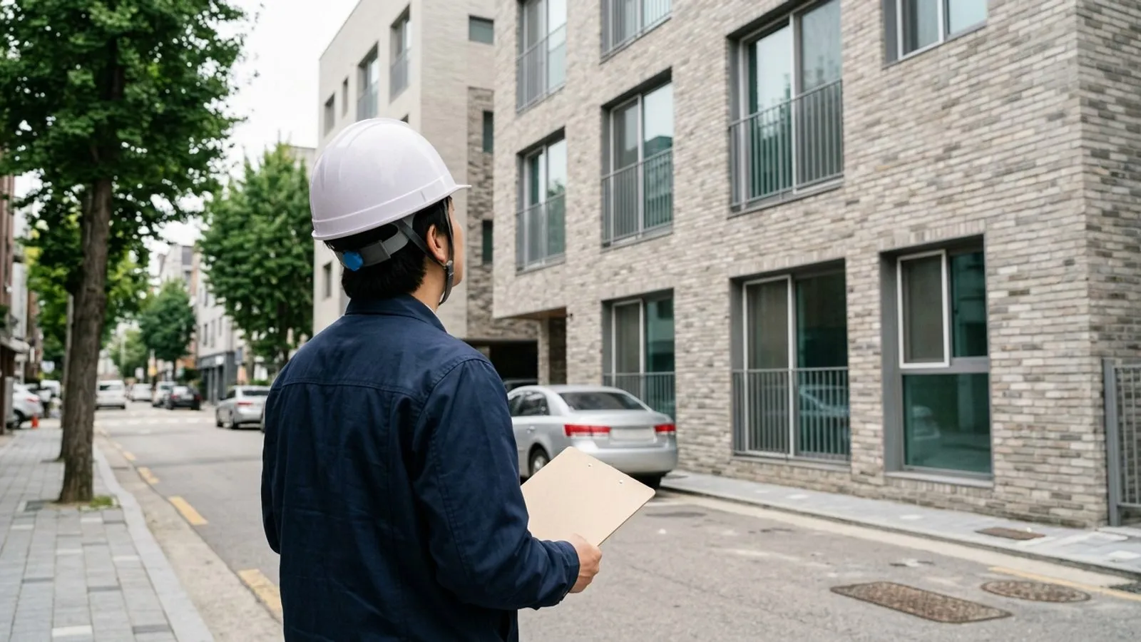 안전모를 쓴 관계자가 서울 도심 골목에 완공된 신축 다세대 임대주택 외관을 올려다보며 점검하는 모습.